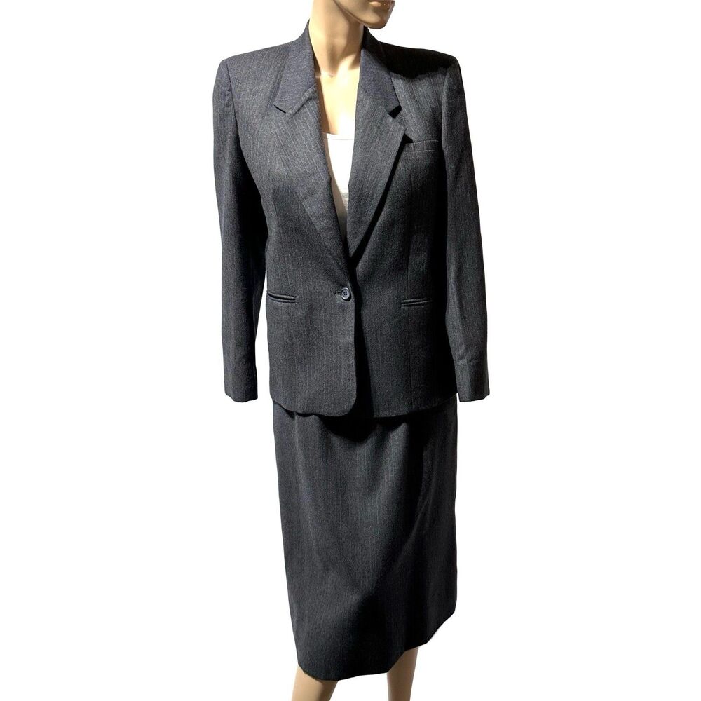 Bretton Place Skirt Suit Women’s Size 12 Midi Gray 100% Wool Career Vintage USA